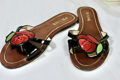 Vintage PRADA Sandals Flat Slides Mules ROSE TOP Brown Leather Slippers Sz 36