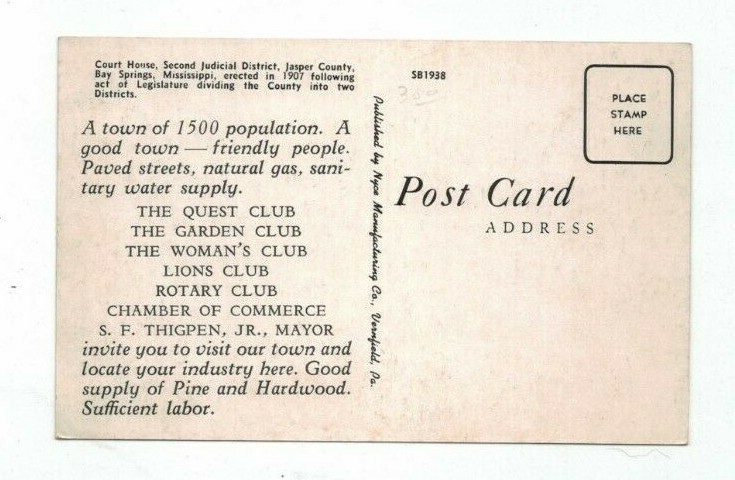 MS Bay Springs Mississippi vintage post card Jasper County Court House