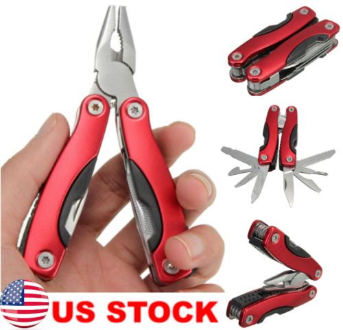 Outdoor Survival Stainless Steel Multi Tool Plier 9 In 1 Portable Compact Red
