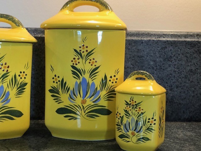 collectible vintage French yellow Soleil Quimper pottery Faience Canister set