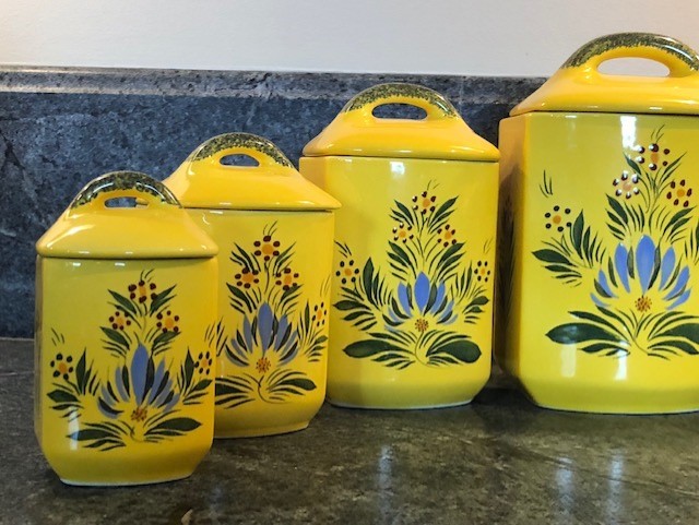 collectible vintage French yellow Soleil Quimper pottery Faience Canister set