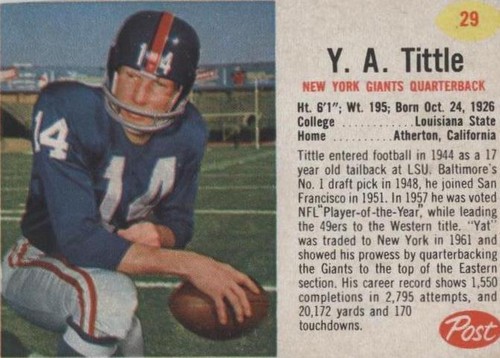 1962 Post Y.A. Tittle #29