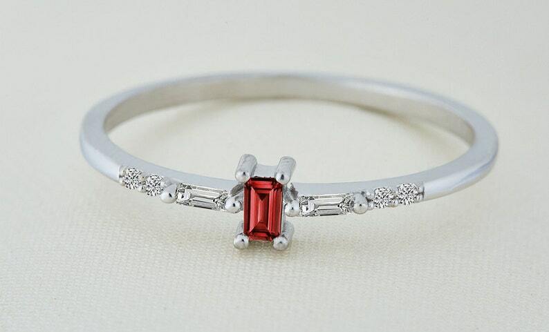 Pre-owned Handmade Ruby Ring / Baguette Ruby Ring/14k Solid Gold Minimalist Ruby Ring Stacking Ring In Red