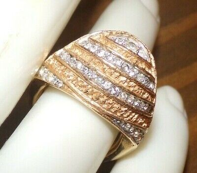 SENSATIONAL AND RARE CROWN TRIFARI SIGNED GOLTONE AND RHINESTONE DOMED RING