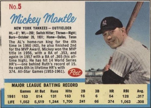 1962 Post - Mickey Mantle Roger Maris #5-6