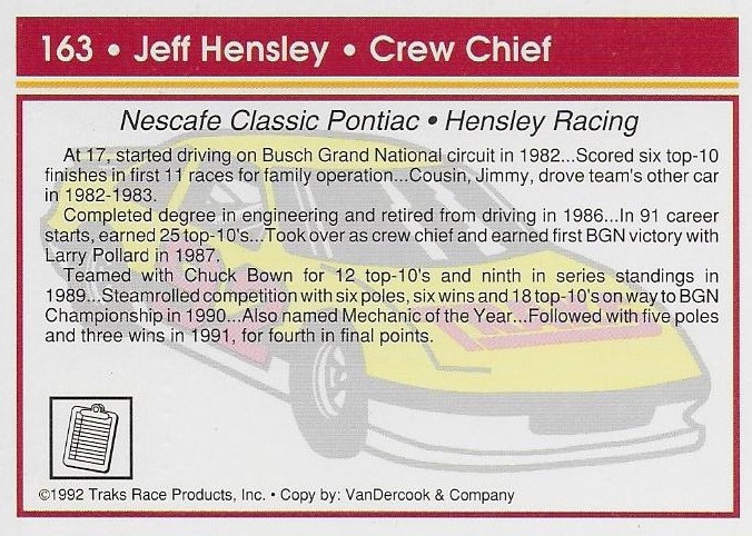 JEFF HENSLEY AUTOGRAPHED SIGNED 1992 TRAKS RACING NASCAR PHOTO TRADING CARD #163