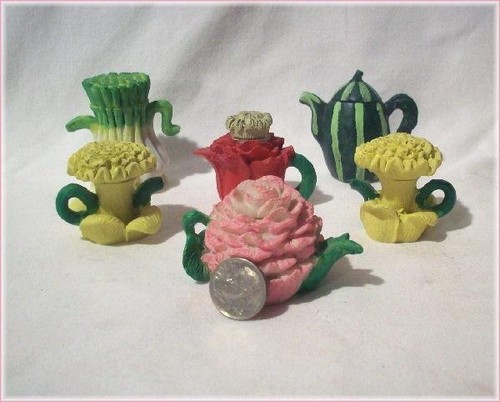 6 PC Collectible Flower & Vegetable Miniature Tea Pots - Onion Watermelon + more