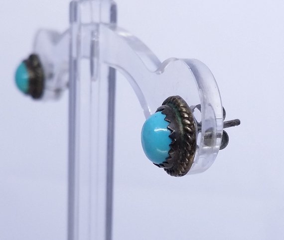 Vintage Silver Turquoise Boho Stud Earrings, Small Post Snake Eye Earrings