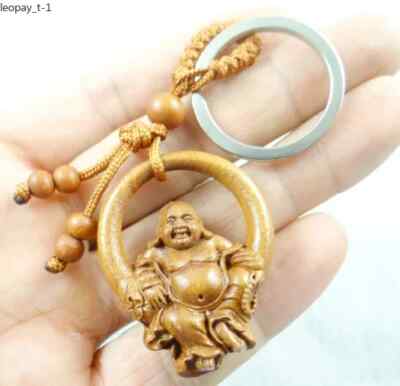 1pc Natural Mahogany Three Dimensional Engraving Buddha Wood Keychain Buddha