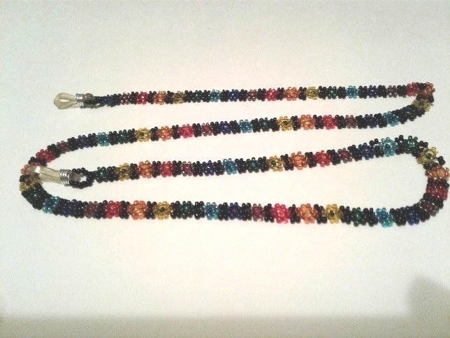 MAYAN EYE GLASS HOLDER BEADED FLOWER NATIVE DESIGN RAINBOW  26.5 INCHES LONG