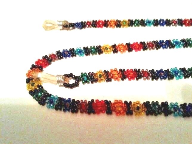 MAYAN EYE GLASS HOLDER BEADED FLOWER NATIVE DESIGN RAINBOW  26.5 INCHES LONG