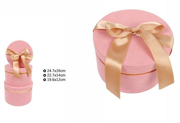Set 3 Pezzi Scatole Box Regali Varie Misure Matrioska Tonde Velluto Rosa dfh