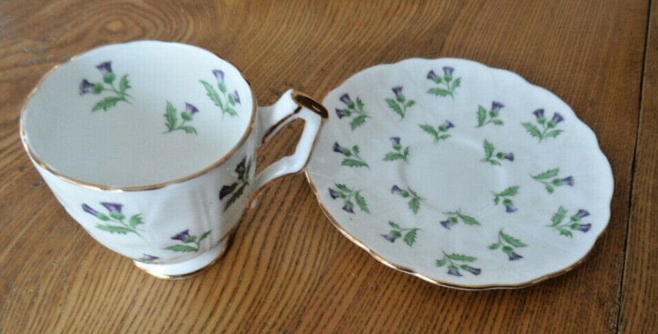 Aynsley  Demi-Tasse Cup & Saucer THISTLE Purple Bone China with gold trim