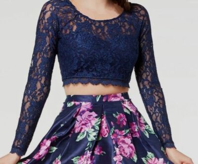 $358 Sequin Hearts Women's Blue Long-Sleeve Glitter-Lace Scoop-Neck Crop Top 3
