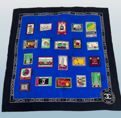 Chanel Stamp Pattern 100% Silk Scarf H84cm x W87cm Blue