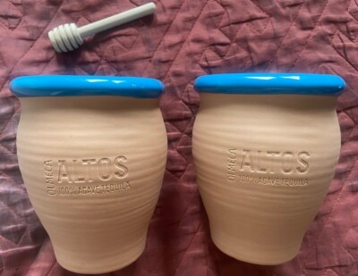 2 Olmeca Altos 100% Agave Tequila Terra Cotta Pottery with Spoon