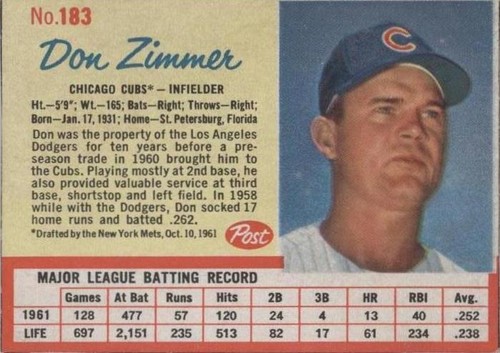 1962 Post - Don Zimmer #183