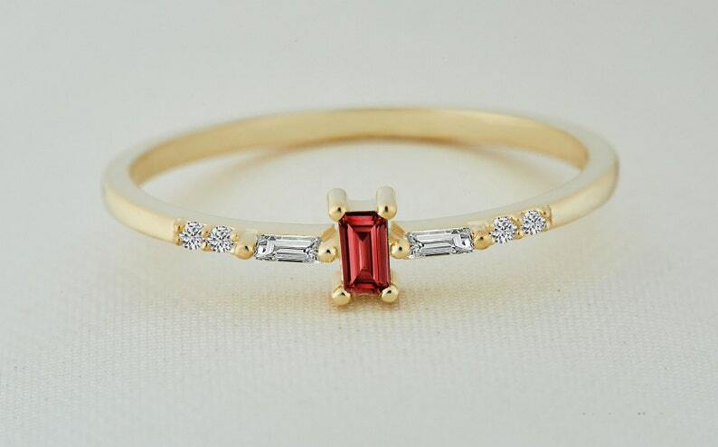 Pre-owned Handmade Ruby Ring / Baguette Ruby Ring/14k Solid Gold Minimalist Ruby Ring Stacking Ring In Red