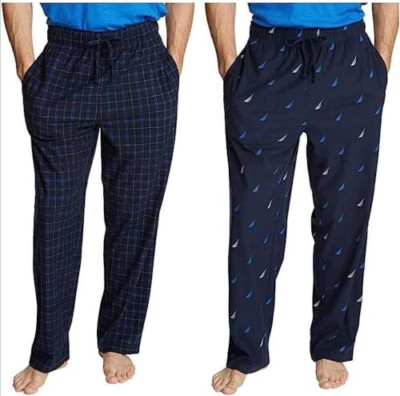 Nautica Men's 2-PK Fleece Sleepwear Pants (Navy Sail-Plaid, LARGE) NWT