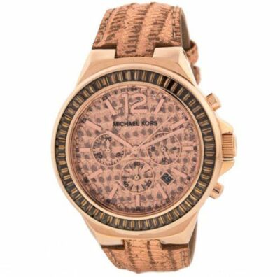 Pre-owned Michael Kors Gramercy Python Leather+rose Gold Tone Chrono+crystals Watch Mk2305