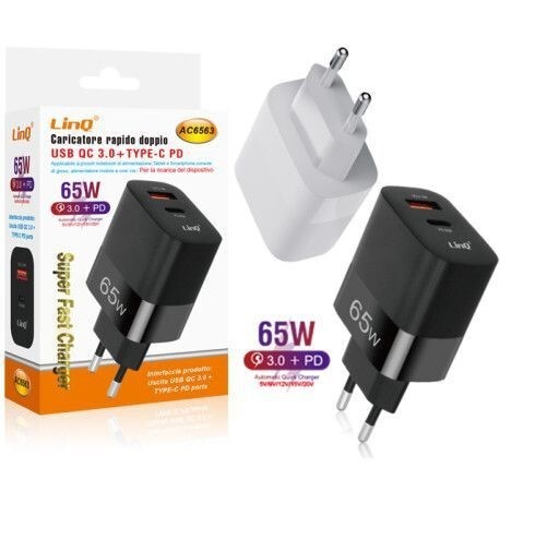 Caricabatteria Rapido 65W Usb Qc 3.0 + Type-C Pd Tpc+Usb Linq Ac6563