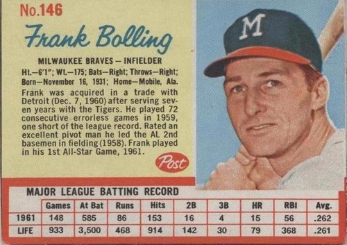 1962 Post - Frank Bolling #146