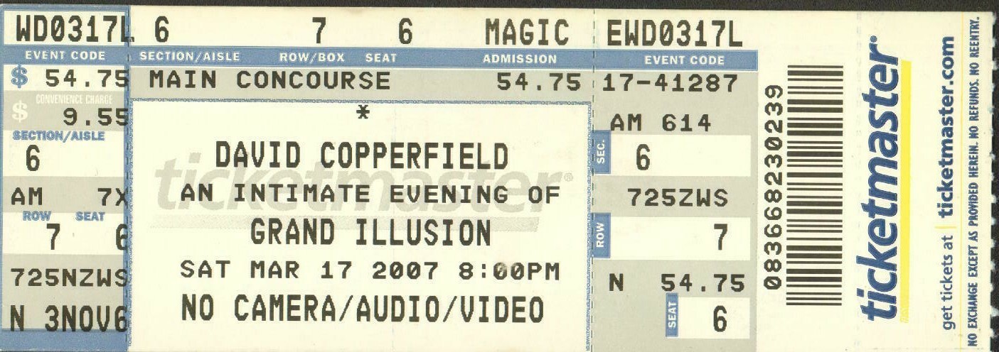 DAVID COPPERFIELD GRAND ILLUSION MAGIC SHOW TICKET STUB 3/17