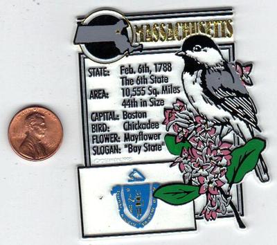 MASSACHUSETTS STATE FACTS MONTAGE MAGNET   BOSTON  MAYFLOWER CHICKADEE