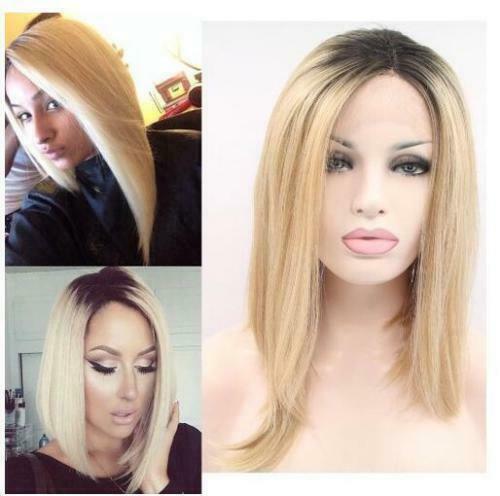 Women Synthetic Wigs Natural Straight Black Root Blonde Heat