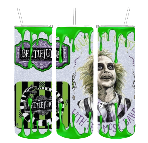 St Steel Tumbler Dbl Wall w/ Lid Straw 20oz Tumbler Cup Beetlejuice