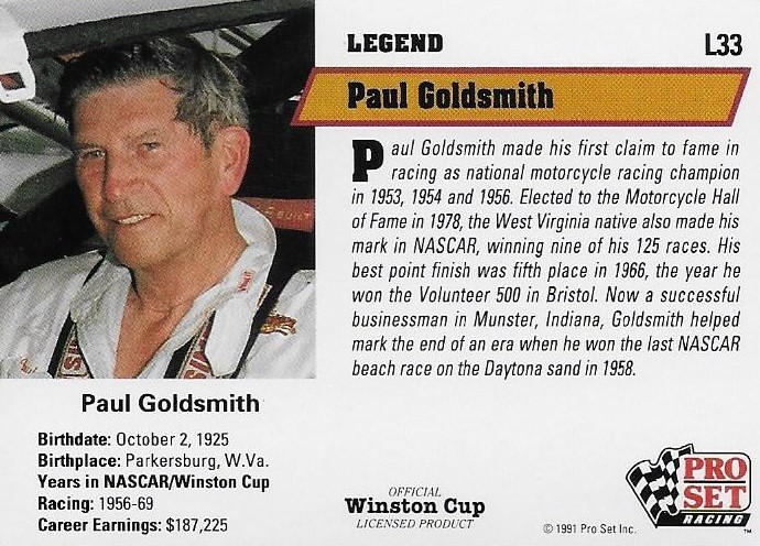 PAUL GOLDSMITH AUTOGRAPHED 1991 PRO SET RACING NASCAR PHOTO TRADING CARD #L33