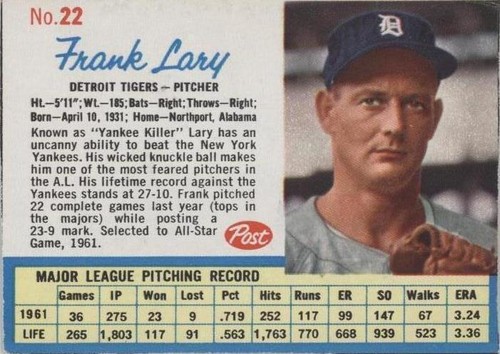 1962 Post - Frank Lary #22