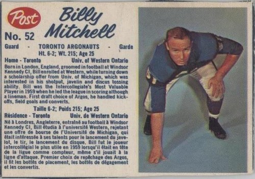 1962 Post Cereal CFL Billy Mitchell #52