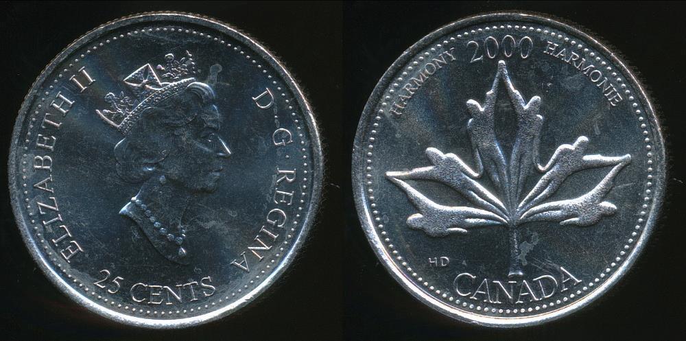 CANADA 2000 CANADIAN MAPLE LEAF QUARTER MILLENNIUM HARMONY 25 CENT COIN