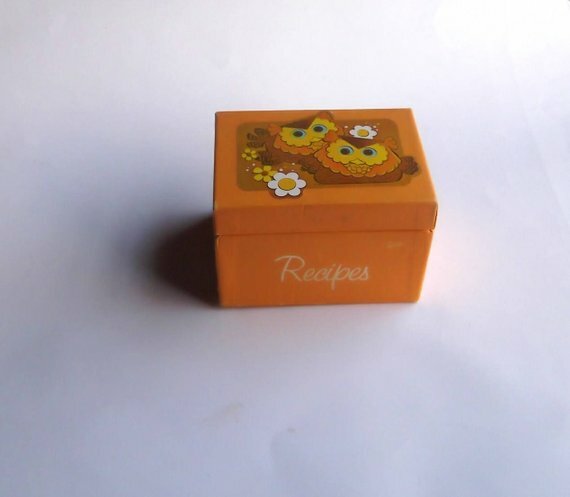 Vintage 1970's Owl Cardboard Recipe Box ~ Orange Kitsch