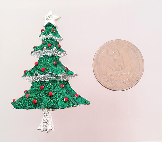 Vintage Christmas Tree Pin Rhinestone Glitter Brooch, Holiday Costume Jewelry