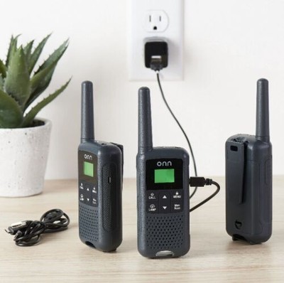 New Onn. 23 Mile Walkie Talkie 3 Pack, with VOX Belt Clip, rechargeable