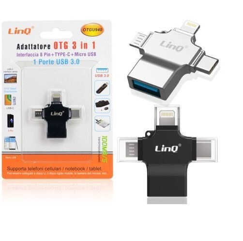 Adattatore OTG 3in1 Interfaccia 8 Pin Type-C Microusb Linq Otgu940