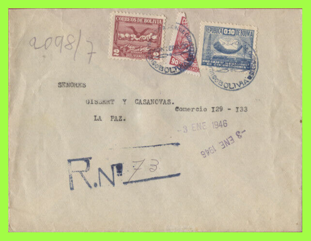 Bolivia 1946 registered cover with 90c bisect