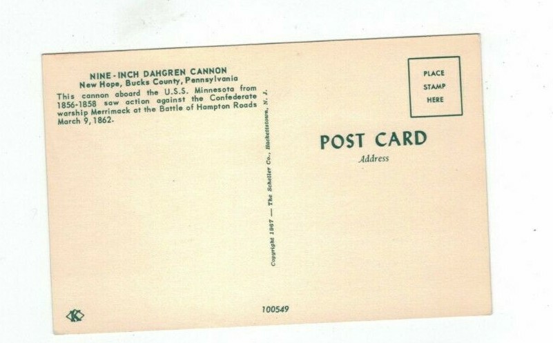 PA New Hope Pennsylvania vintage post card Nine-Inch Dahgren Cannon
