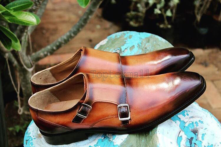 Pre-owned Handmade Men's Leather Two Tone Double Monk Straps Formal Stylish Shoes-491