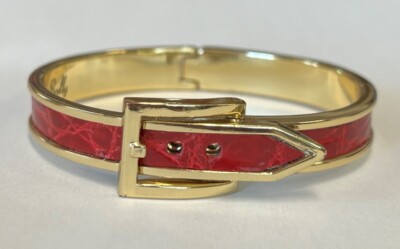 Scully & Scully Red Leather Belt Buckle Bangle Bracelet Gold Tone