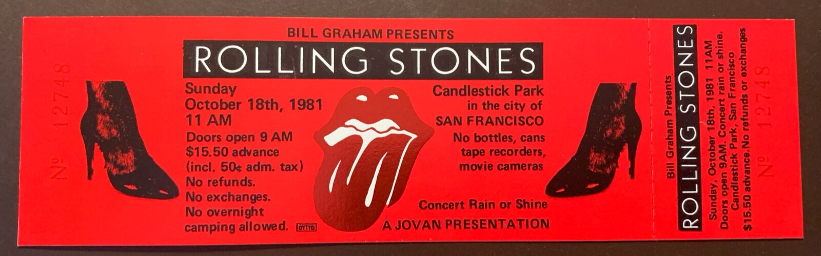 ローリングストーンズバックステージパス Rolling Stones 10/18/1981 ORIGINAL Candlestick Park San