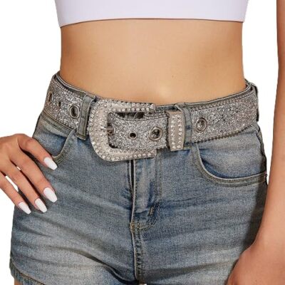Women Men Rhinestone Studded Western Leather Belt Vintage Bling Waist Belts f...