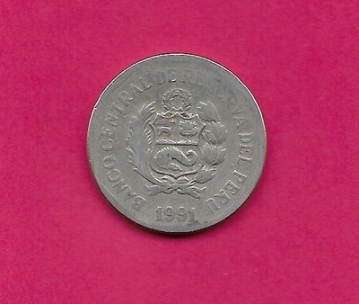 PERU REP 1 NUEVO SOL 1991 XF NATIONAL ARMS WITH OCTAGON,VALUE FLANKED BY SPRIG A