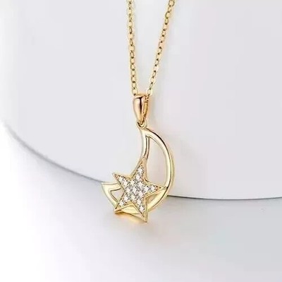 1.00Ct Round Cut Simulated Moissanite Moon Star Pendant 14K Yellow Gold Plated