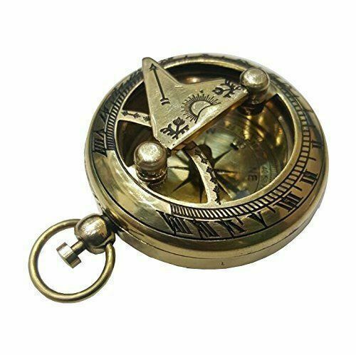 Solid Brass Vintage Camping Hiking Pocket Compass Push Button Pocket Sundial