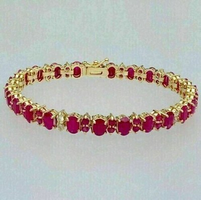 12Ct Oval Cut Lab Created Ruby & Diamond Tennis Bracelet 14K Yellow Gold Plated!