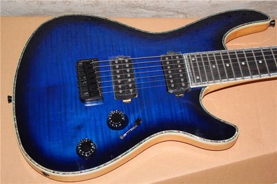 7 Strings Tiger Flame Maple Veneer Neck-thru-body Navy Blue Electric Guitar