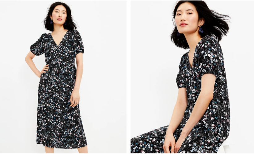 

LOFT Ann Taylor Черное платье с v-образным вырезом и пышными рукавами с жемчужным цветочным принтом  Petite, Multicolor